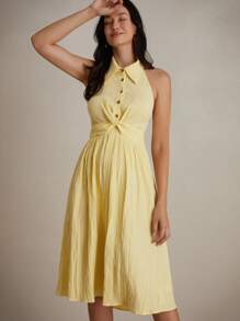 Femmeiva Clean Textured Fabric Twist-Knot Waist Backless Sleeveless Shirt Dress - Yellow - View 4
