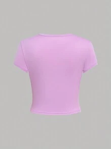 SHEIN 4 件装少女针织纯色短袖休闲 T 恤套装 - 玫紅色 - 查看 5