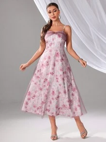 SHEIN Belle Floral Allover Print Mesh Splice Women's Evening Dress With Spaghetti Strap - Pink - View 3
