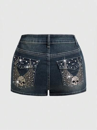 Grunge Punk Pantalones cortos vaqueros de talla grande para mujer con bordado de alas de calavera, pedrería y estilo punk para el verano, para la escuela