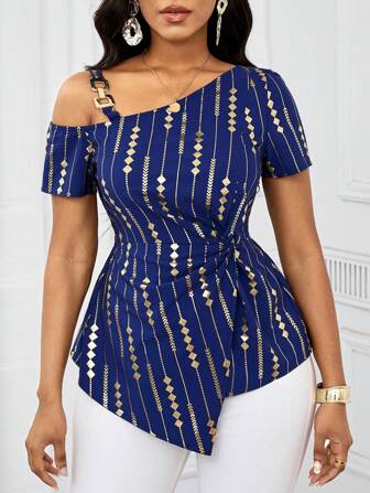 SHEIN Lady Business Women Clothes Women's Summer Fashion Asymmetrical Hem Shirt With Gold Foil Printing, Twisted Knot Design And Metal Buckle,Short Sleeve Tops