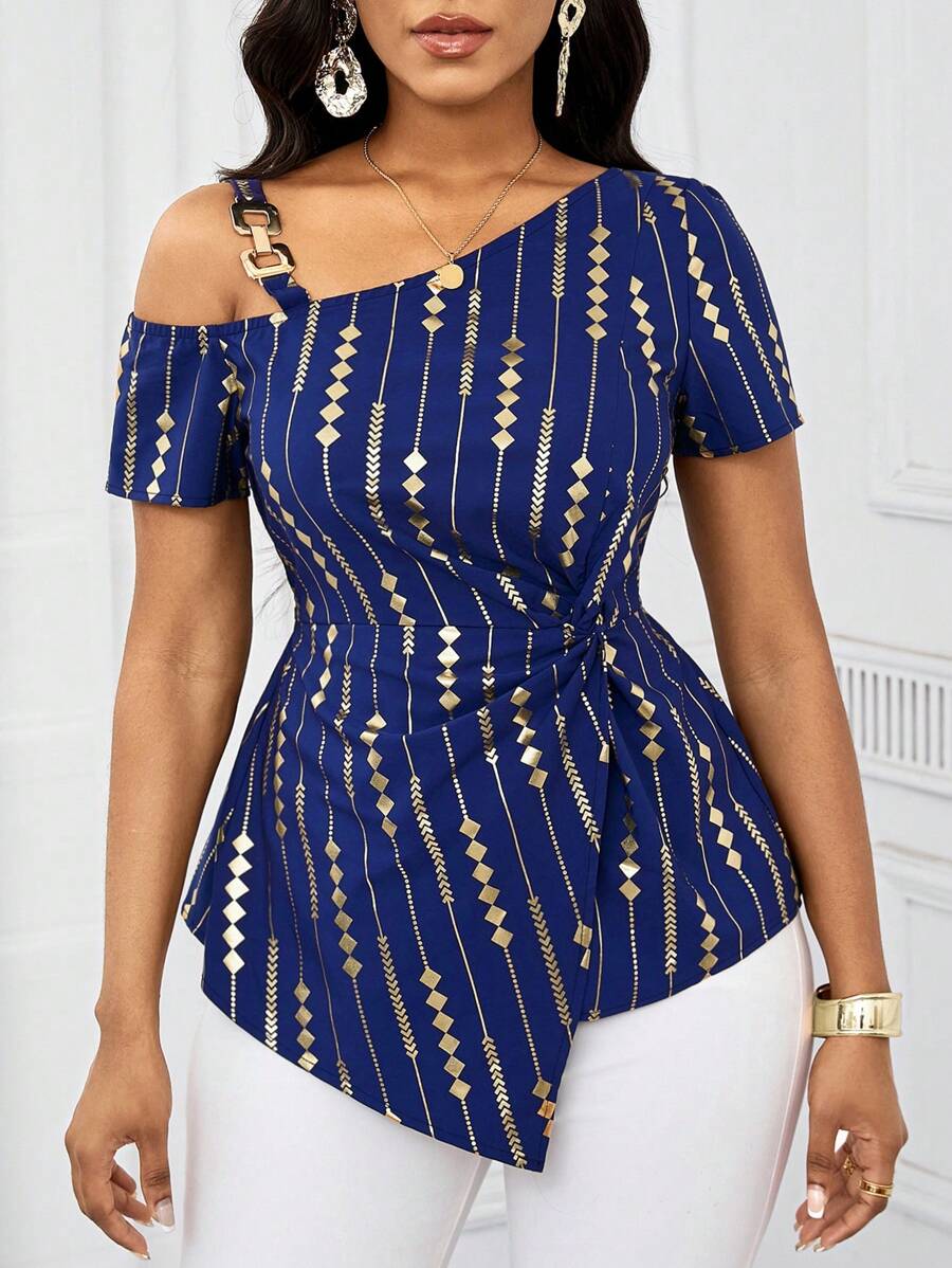SHEIN Lady 商务女装女士夏季时尚不对称下摆衬衫，带金箔印花、扭结设计和金属扣，短袖上衣 - 藏蓝色 - 查看 1