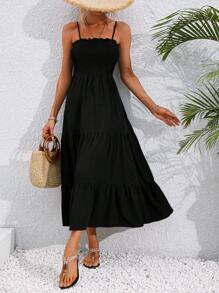 Breezaya 纯色露肩褶皱海滩度假吊带裙配细肩带长款女装 - 黑色 - 查看 7