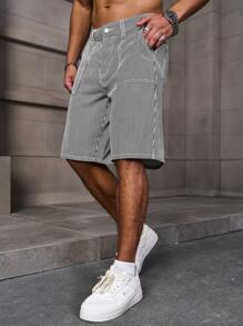 Manfinity Homme Quần short denim có túi in sọc và in cúc, trang phục thường ngày mùa hè - Đen và trắng - Xem 5