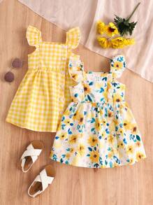 SHEIN Playful Pals 2 件装女婴格子和花卉印花短袖纽扣连衣裙，夏季度假可爱服装，适合圣诞节 - 黃色 - 查看 7