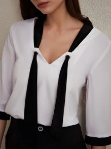GENKIRA Casual Color Block Belted Half-Sleeve Women's Shirt For Work, Teacher, And Formal Occasions - Multicolor - View 2