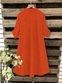 EMERY ROSE Orange Plus Size Turn-Down Collar Half Sleeve Button-Front Mid-Length Dress - Orange - View 2