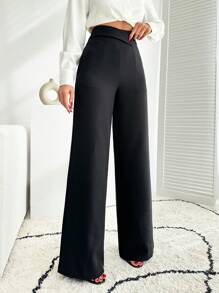 EURMUSE BLACK WIDE LEG PALAZZO PANT WITH BELT DETAIL - Black - View 7