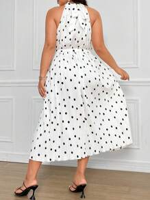 Celure Plus Size Polka Dot Pleated Dress With Ribbon Ties