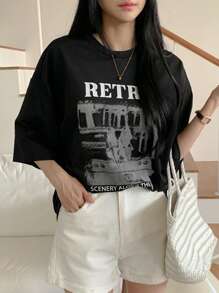 DAZY 女士夏季宽松休闲 T 恤，带标语印花，圆领和落肩袖，复古沿途风景 1990 年快乐时光超大 T 恤，图案 T 恤 - 黑色 - 查看 5