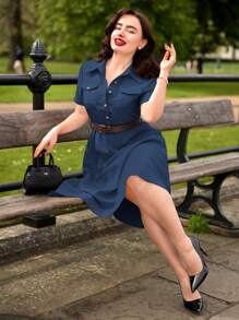 Vintamour 复古优雅短袖衬衫领连衣裙，带口袋、伞形下摆和腰带，适合春夏休闲装母亲节连衣裙 - 藏蓝色 - 查看 4