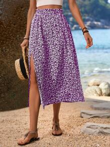 SHEIN LUNE Women's Random Printed Simple Daily Maxi Skirt - Purple - View 3