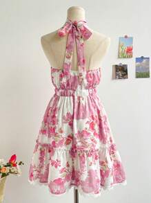 Soleia 女装假日风格粉色碎花纹理雪纺面料吊带露背A字裙婚礼季毕业季返校季可爱午餐休闲优雅初秋夏粉色白色连衣裙