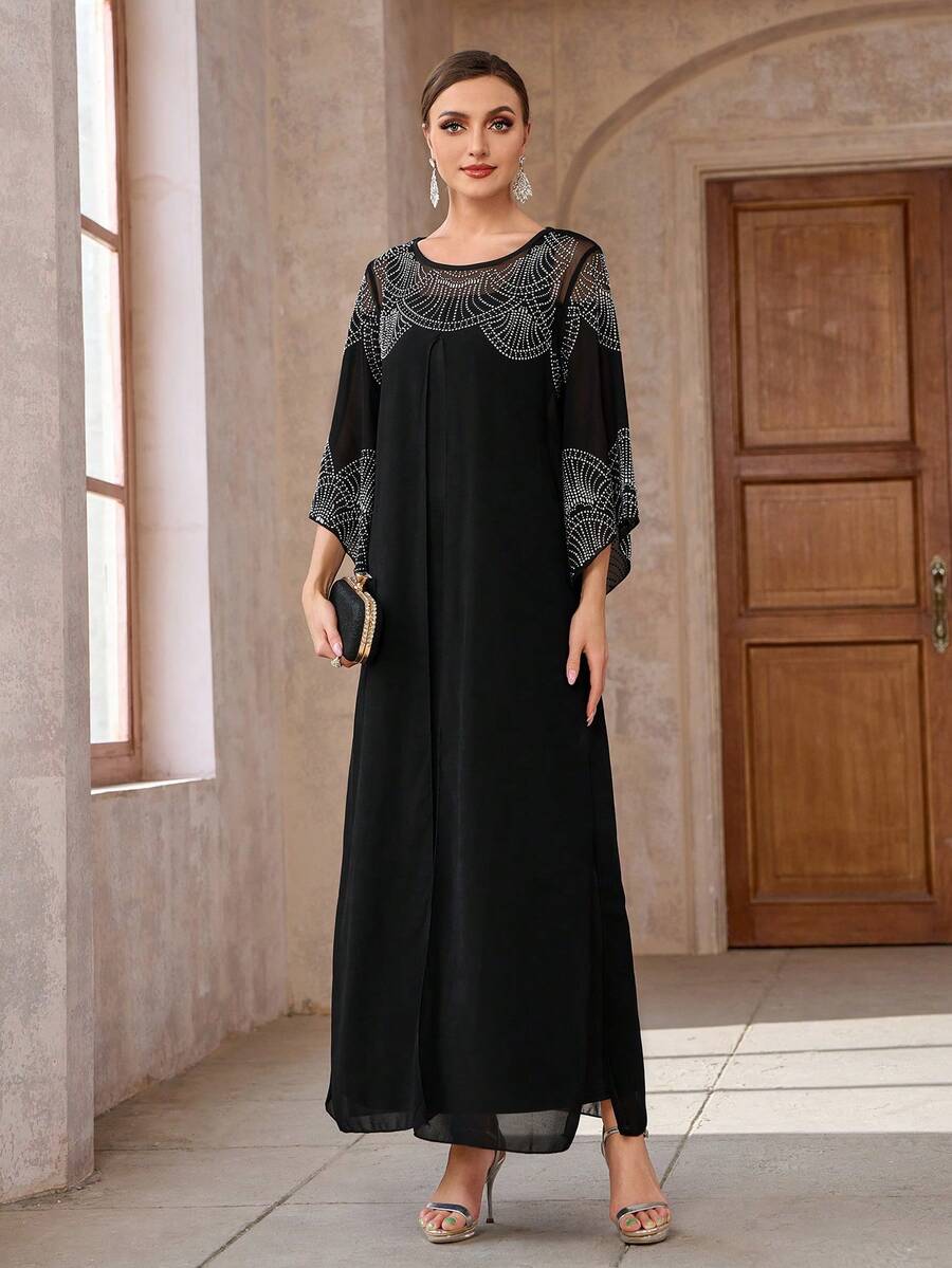 Vestido negro con mangas largas y cuello redondo para mujer, decorado con pedrería árabe - Negro - Ver 1