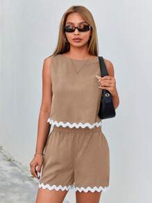 SHEIN Essnce 2pcs/Set Color Block Shell Edge Embellished Vest And Shorts Outfits #Easter - Camel - View 6