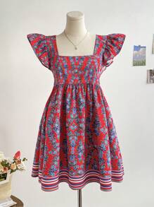 Soleia Đầm dự tiệc phong cách ngày lễ cho nữ cổ vuông tay lửng màu đỏ đáy rộng họa tiết hoa xanh lam đường khâu họa tiết hoa sọc màu mùa tốt nghiệp mùa cưới phong cách bohemian dễ thương thường ngày khi ăn trưa trở lại trường mùa hè - Nhiều màu - Xem 1