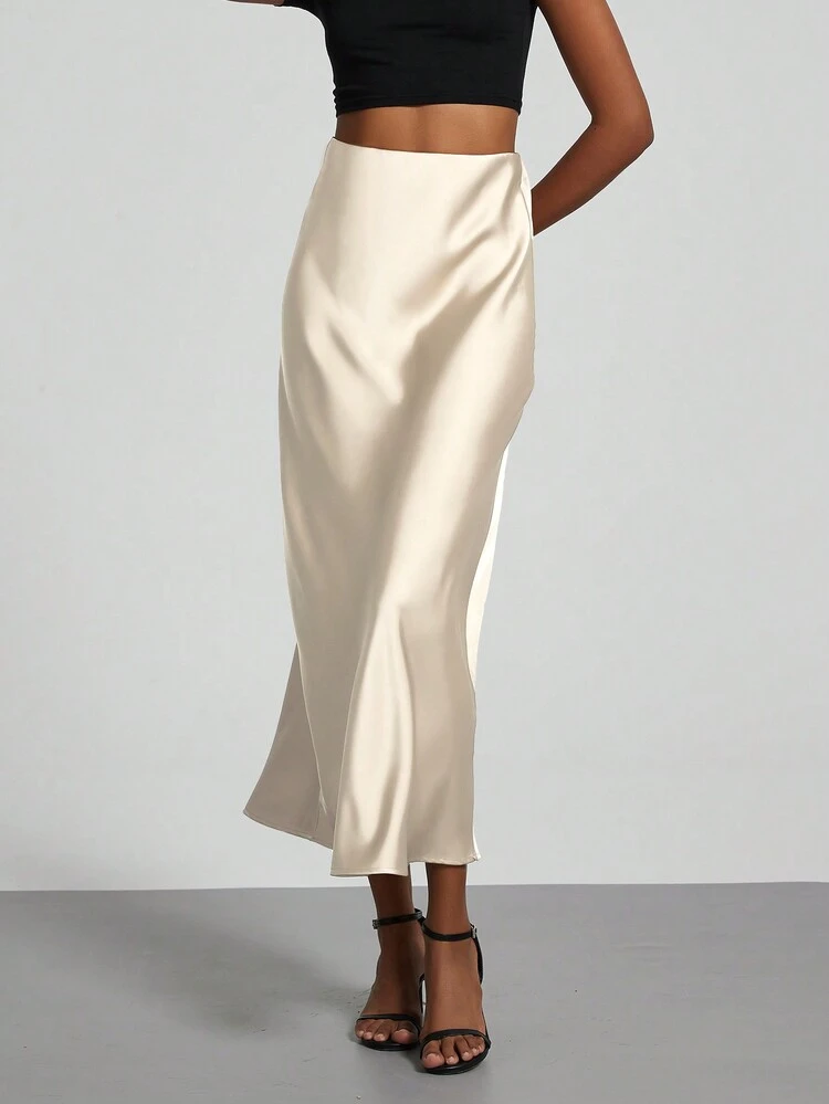 Se-Helo Fashion Women's Elastic Satin Finish Maxi Skirt - Beige - Beige - View 6