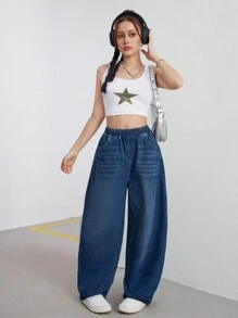 SHEIN Teen Girls' Retro Y2K Style Vintage Casual Boyfriend Baggy Denim Jeans For Streetwear Outfits