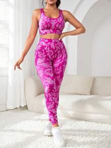 Easithlete Allover Print Crisscross Backless Wideband Waist Sports Set - Hot Pink - View 6