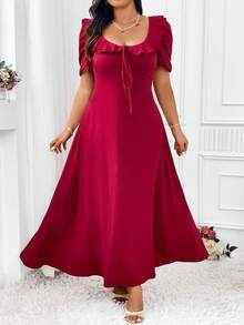 Sunnyshic Plus Size Double Layer Ruffle Design Loose Fit Puff Sleeve Round Neck Dress With Big Dress Burgundy Maxi Vacation Beach Outfits Women - Burgundy - View 3