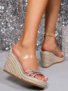 女性楔形跟高草鞋涼鞋，厚底，透明露趾，性感百搭 - 銀色 - 查看 2