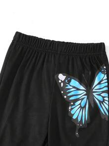 SHEIN Set de 2 prendas casuales para niñas con parte superior blanca corta estampada de mariposa y pantalones negros acampanados - Multicolor - Ver 5