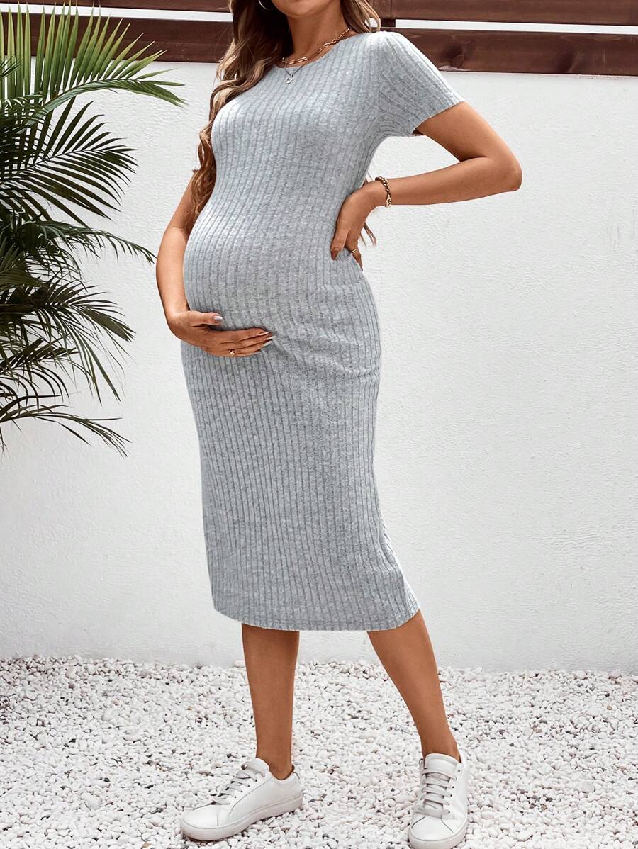 SHEIN 孕婦休閒圓領連身中長裙 - 灰色 - 查看 1