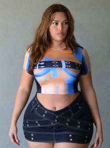 Flirla Summer Women's Plus Size Eyelet Buckle Design Printed Round Neck Short Sleeve Slim Fit Crop Top T-Shirt - Multicolor - View 3