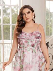 SHEIN Belle Elegant & Romantic Plus Size Floral Printed Organza Camisole Party Dress - Pink - View 5