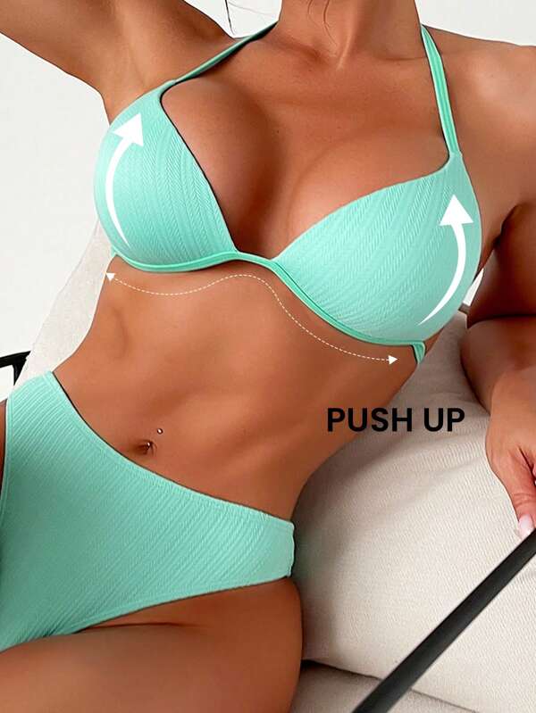 Swim Mod Summer Beach Plain Halter Push Up Bikini Set