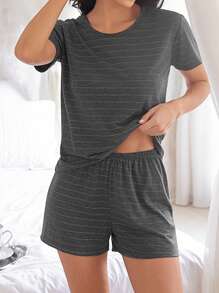SHE(IN) BRASIL Pijama Short Doll Meia Malha Manga Curta Listrado Liso Feminino - 深灰色 - 查看 3