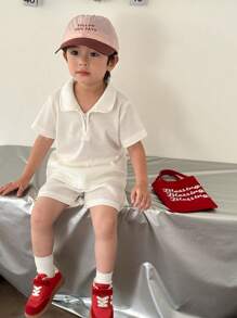 SHEIN Young Boy Casual White Waffle Fabric Half Placket Shirt And Shorts Set, Suitable For Summer, Outdoors And Various Occasions, Simple And Versatile, Comfortable To Wear - White - View 3