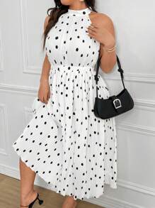 Celure Plus Size Polka Dot Pleated Dress With Ribbon Ties