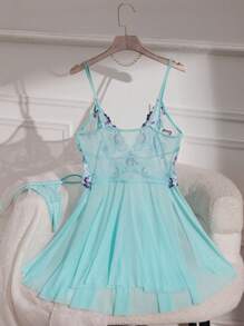 Embroidered Women's Sexy Sleep Lingerie Dress + Thong Panties 2pcs/Set