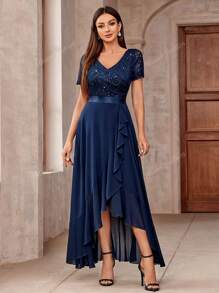 MIUSOL Elegant V-Neck Sequin Floral Lace Ruffle Trim High Low Hem Formal Party Long Dress Prom Evening Wedding Guest Gown, For Graduation, Dinner