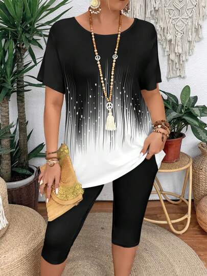 Summer Casual Color Block Short Sleeve T-Shirt And Leggings 2-Piece Set For Plus Size Women, Slim Fit