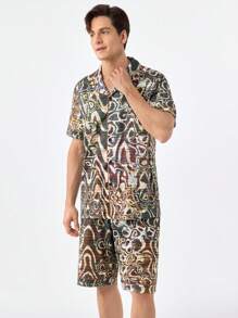 Men's Random Printed Short Sleeve T-Shirt And Shorts Homewear Set - Multicolor - View 4