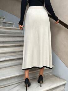 EURMUSE Women Solid Color Ribbed Knit Stripe Hem Sweater Skirt - Beige - View 4