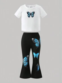 SHEIN Set de 2 prendas casuales para niñas con parte superior blanca corta estampada de mariposa y pantalones negros acampanados - Multicolor - Ver 1