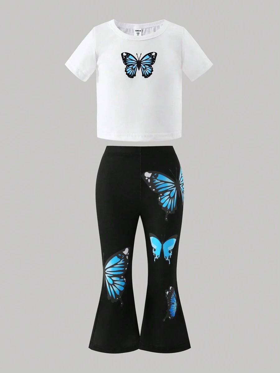 SHEIN Set de 2 prendas casuales para niñas con parte superior blanca corta estampada de mariposa y pantalones negros acampanados - Multicolor - Ver 1
