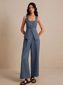 Poéselle 夏季女士灰色条纹套装，时尚背心两件套，条纹面料纽扣撞色，无袖上衣和裤子套装穿着舒适面料透气柔软适合通勤日常度假穿着，老款风格，商务休闲女士