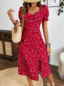Breezaya Vestido de manga curta com decote quadrado estampado floral com franzido no peito e fenda na coxa, verão - Vermelho - Visão 5