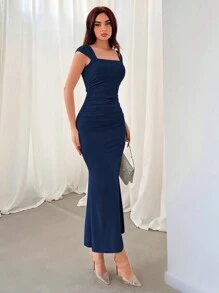 Aloruh Váy cổ vuông đơn giản hàng ngày màu trơn cho nữ - Màu xanh hải quân - Xem 5