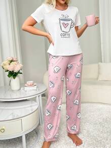 SweetSlumber Conjunto de pijama de patrón de taza de café con corazón para mujer - Rosa - Ver 5