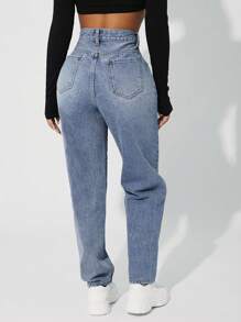 SHEIN PETITE High Waist Mom Fit Jeans - Blue - View 2