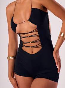 MUSERA 吊带露背镂空串珠无袖露背系带连体紧身衣，性感热裤，适合夜店、约会、锐舞派对、音乐会、秋冬、秋季派对、情人节、假期、春假等场合。