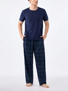 SHEIN Men's Solid Color Short Sleeve Top With Plaid Long Pants Home Clothing Set - Navy Blue - View 4