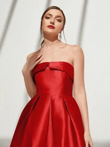 SHEIN Belle Ladies' Solid Color Simple Daily Strapless Formal Dress, Wedding Guest Dress Party Dress Prom Dress - Red - View 5