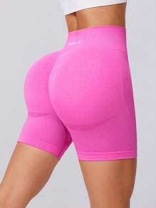 Women's Fashion High Waist Solid Color Seamless Elastic Sports Shorts - Hot Pink - View 2