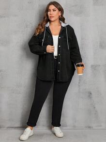 EMERY ROSE Plus Size Spring And Autumn Casual Drawstring Hooded Denim Jacket With Color Block Design - Black - View 6